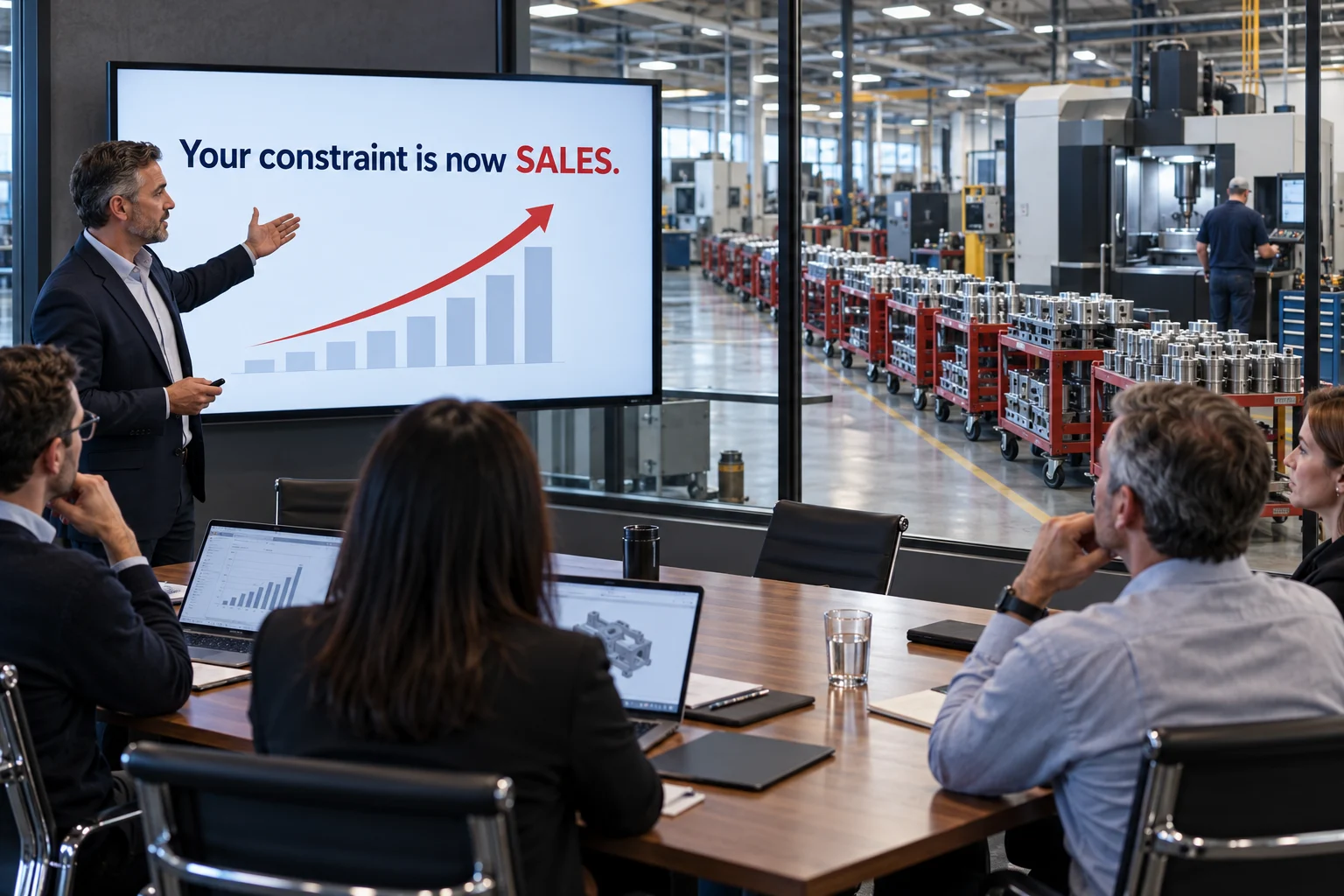 A consultant’s slide blaming sales while a queue builds at one machine on the shop floor