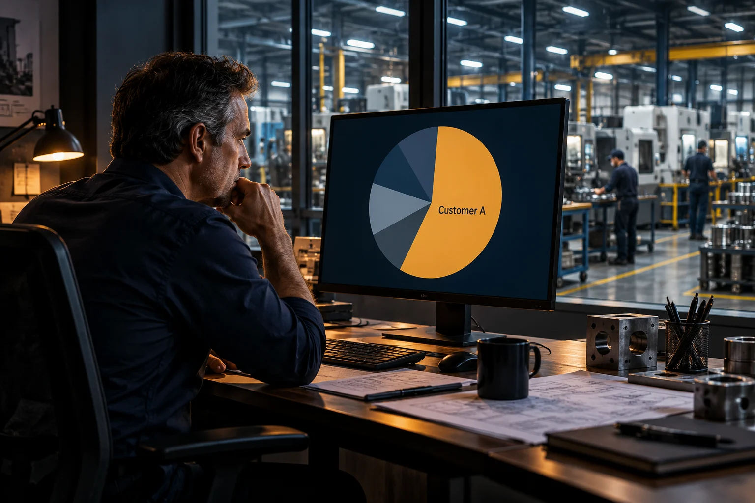 A manufacturing owner reviewing a revenue chart dominated by one customer